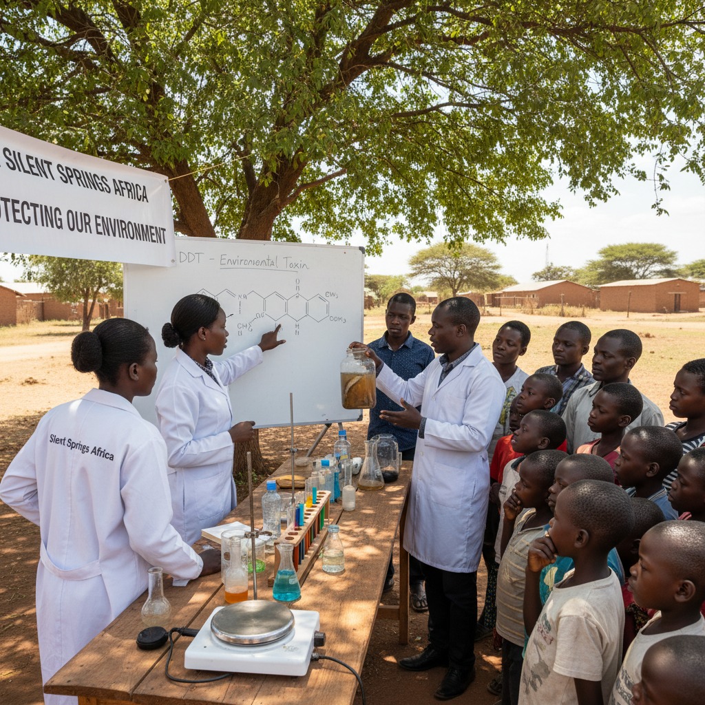Generate an image of Silent springs Africa staff (in branded T-shirts and banners) and members of public leading an environmental safety awareness campaign with speakers/microphones and a white board behind them showing an identified harmful organic pesticide .